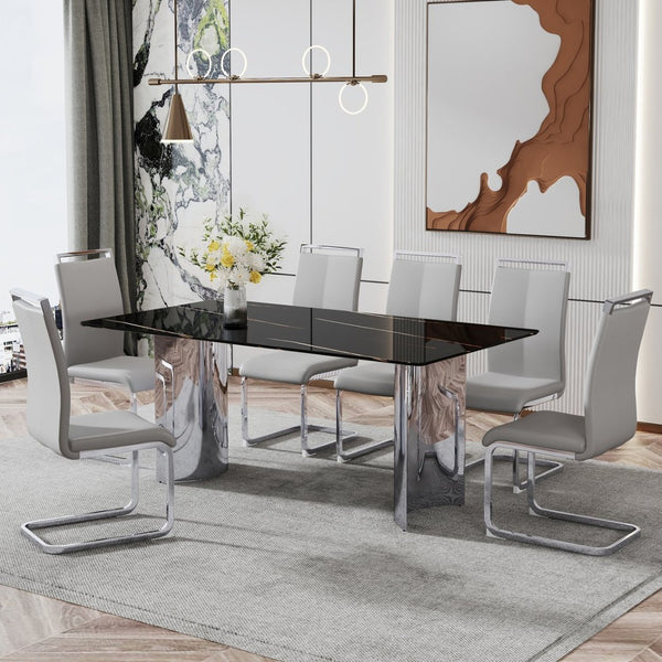 English Elm Table And Chair Set - Modern Glass Top With Black Marble Design And 6 Light Gray Pu Chairs For Dining W1151S02605-GIGA