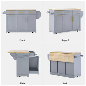 English Elm K&K Vintage Kitchen Island with Rubberwood Top, Hidden Wheels, Pull-Out Trash & Charging Station Grey+Blue N707P299014G