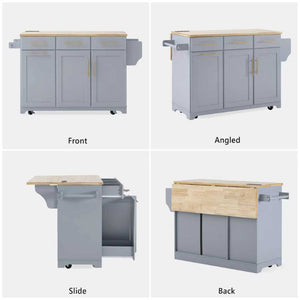 English Elm K&k Rolling Kitchen Island Rubber Wood Top Brass Hardware Built-in Outlets Storage Grey+Blue N707S299014G