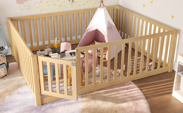 English Elm Twin Floor Bed Pine Wood Frame with Guardrails and Door for Safe Toddler Sleep Natural W1580P417671