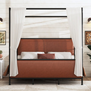 English Elm King Canopy Bed Iron Four Post Frame with Pu Leather Upholstered Headboard Footboard N757K343427O