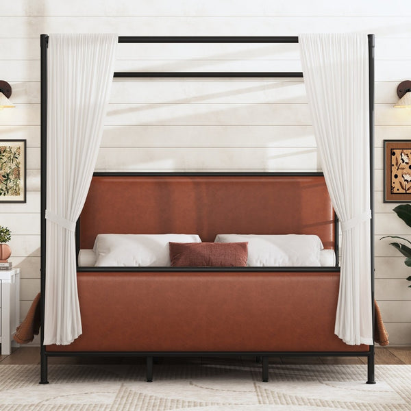English Elm King Canopy Bed Iron Four Post Frame with Pu Leather Upholstered Headboard Footboard N757K343427O
