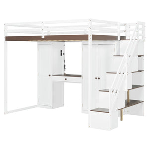 English Elm Full Size Teen Loft Bed with Wardrobe Staircase Storage Dressing Table and Led Lights LT000276AAP