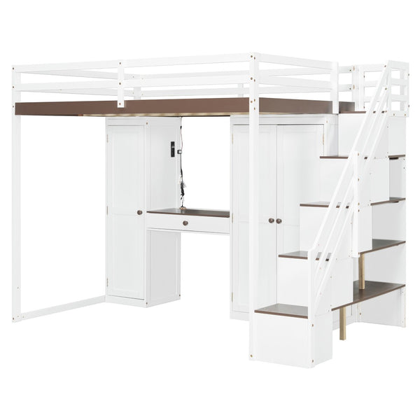 English Elm Full Size Teen Loft Bed with Wardrobe Staircase Storage Dressing Table and Led Lights LT000276AAP
