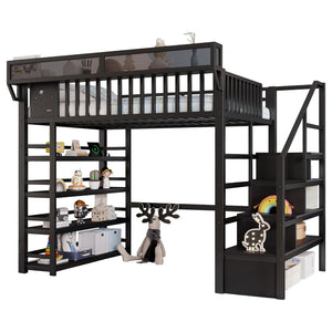English Elm Full Metal Loft Bed with Stair Storage Rgb Lighting and Charging Station for Teens Black W2580S00074