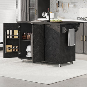 English Elm K&K Farmhouse Kitchen Island with 3D Wave Stripes Ash Veneer, Drop Leaf, Rolling Cart Storage Black N707P207915B