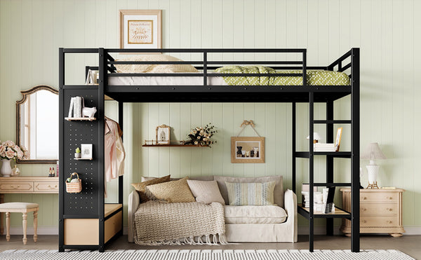 English Elm Queen Loft Bed Frame With Wardrobe & Shelves - Modern Metal Design For Space-Saving Storage & Work W1580S00233-GIGA