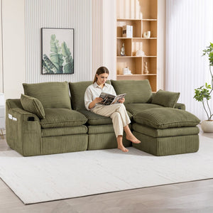 English Elm L Shaped Corduroy Modular Sectional with Cloud Cushions Footstool and Lumbar Pillows Emerald W395S00139