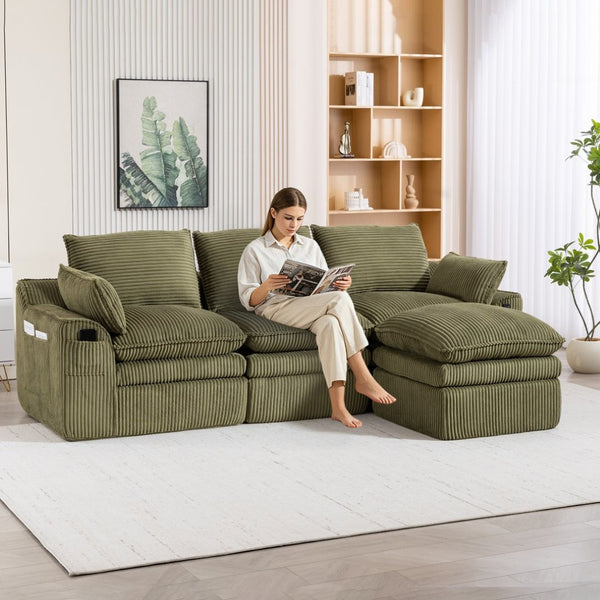 English Elm L Shaped Corduroy Modular Sectional with Cloud Cushions Footstool and Lumbar Pillows Emerald W395S00139
