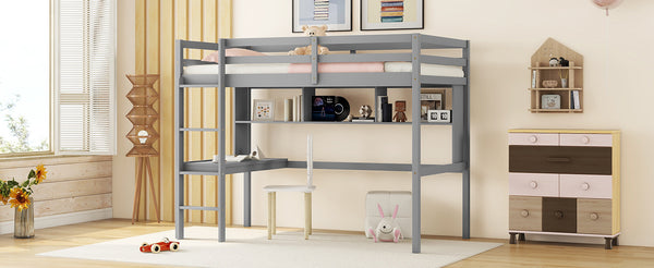 English Elm Twin Loft Bed with Built-In Desk and Bookcase, Pine Frame, Safety Guardrail, Ladder for Study Space Grey W504P181852