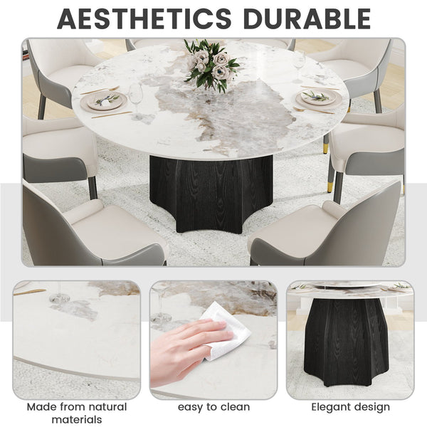 English Elm 59.05" Round Marble Dining Table For 6-8 People - Modern Artificial Stone With Black Oak Base W1535S00459