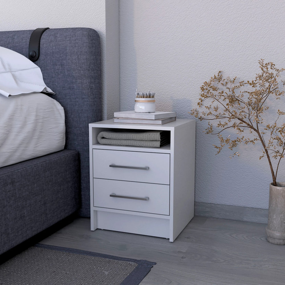 English Elm White 2-Drawer Nightstand with Open Shelf, Smooth-Glide Drawers, Durable Melamine Finish for Stylish Bedroom Storage B062P230639
