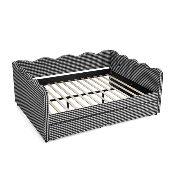 English Elm Queen Gingham Linen Daybed with Wave Backrest Two Storage Drawers and Usb Port Black W1413S00153