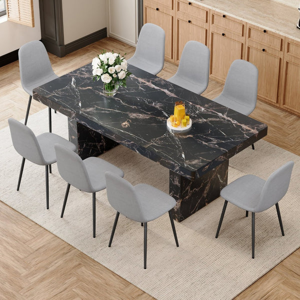 English Elm Table and Chair Set Seats 8 with Marble Mdf Top and Gray Linen Upholstered W1151S03921