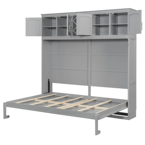 English Elm Queen Murphy Wall Bed with Storage Cabinets and Wine Rack for Small Space Living Gray LP000879AAE-1