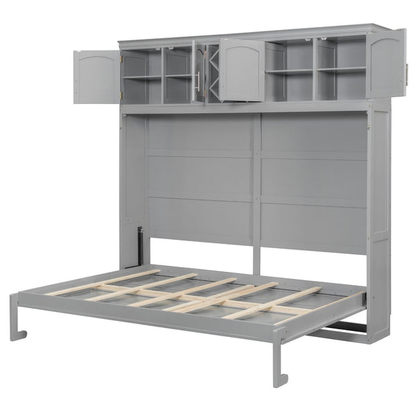 English Elm Queen Murphy Wall Bed with Storage Cabinets and Wine Rack for Small Space Living Gray LP000879AAE-1
