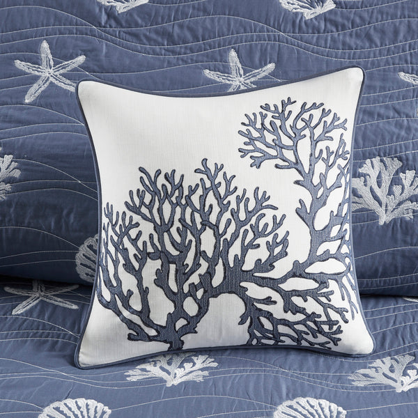 English Elm 4 Piece Cotton Reversible Embroidered Quilt Set with Coastal Starfish & Shell Motifs, OEKO-TEX Certified Quality Navy 20.87 L x 16.93 W x 6.5 H B03595793