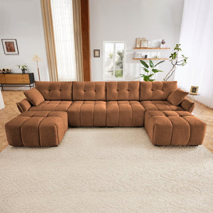 English Elm 4-seater Chenille Sofa Set with Ottomans Solid Wood Frame Tufted Living Room Burnt Orange W714S01668