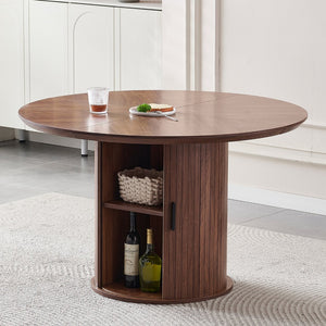 English Elm Round Wood Dining Table with Dual Storage Compartments for Kitchen or Small Spaces W3590P355174