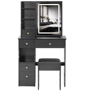 English Elm 29.2" Compact Vanity Table Set With Led Mirror, Touch Control, Cushioned Stool & Ample Storage Solutions W3258P299612