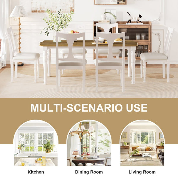 English Elm 7-piece Oak Veneer Extendable Dining Set with 6 Upholstered Chairs for Farmhouse Kitchens Natural+White N752S100030K