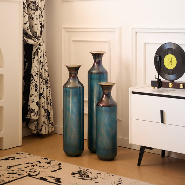 English Elm Floor Metal Vase Set - Modern 3-Piece Droplet Design For Stylish Home Decor, White & Gold Accents W2796P290478