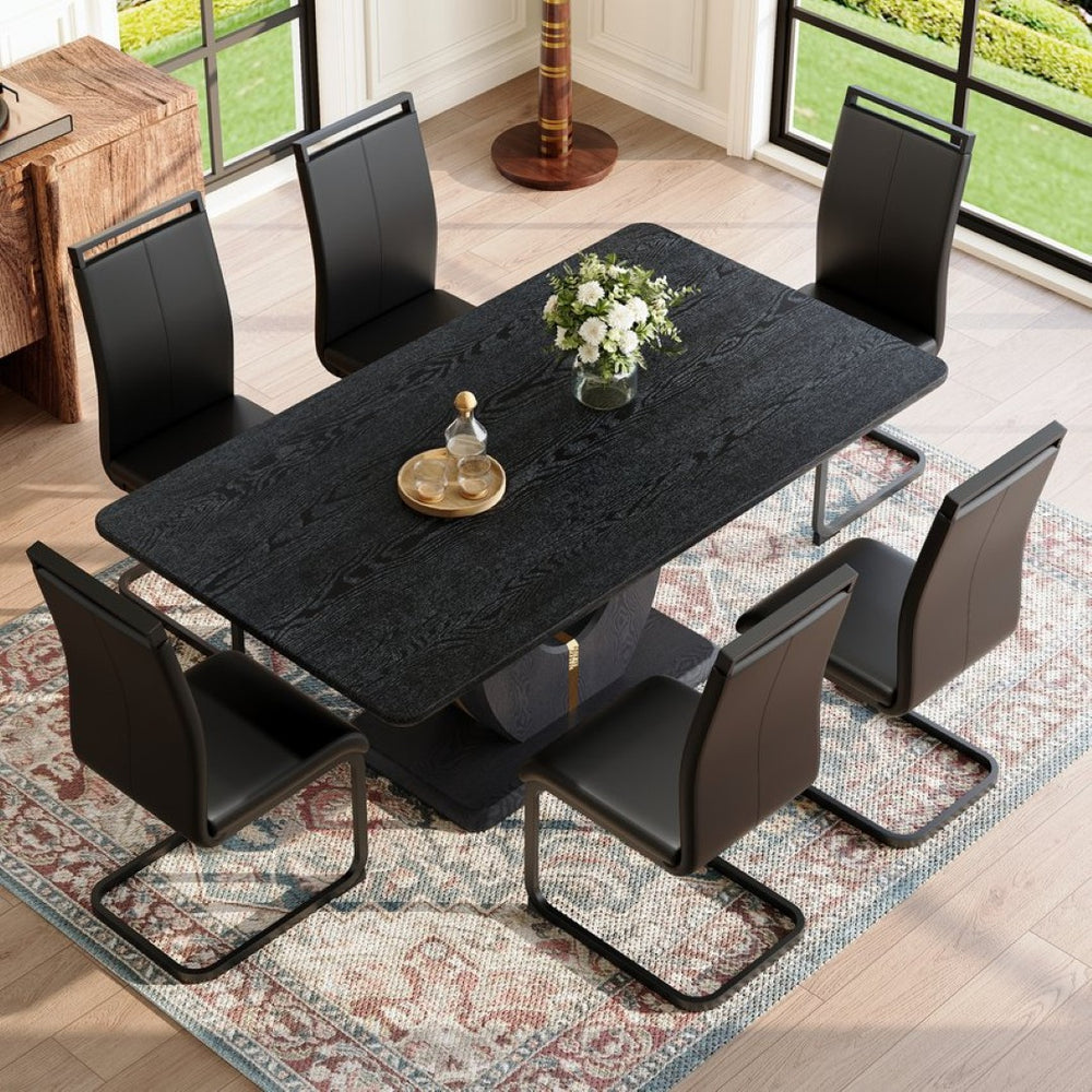 English Elm Black Wood Grain Rectangular Dining Set Seats 6 with Pu Leather Chairs Modern Style W1151S04440