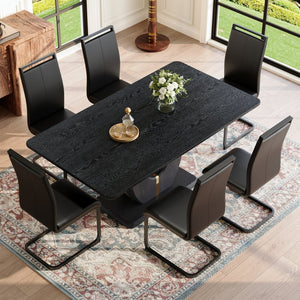 English Elm Black Wood Grain Rectangular Dining Set Seats 6 with Pu Leather Chairs Modern Style W1151S04440