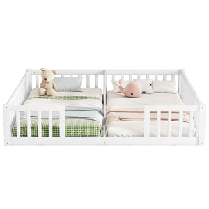English Elm Double Twin Floor Bed With Safety Guardrails, Space-Saving Design In White For Cozy Shared Sleep W504P143286