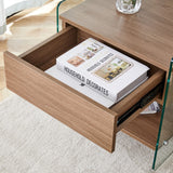 English Elm Bedside Table With Drawers. The Board Surface Is Mdf Sticker, and Both Sides Are Transparent Tempered Glass. The Design Is Simple and Elegant, With Excellent Storage Functions.