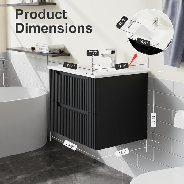 English Elm Goodyo Floating Bathroom Vanity Matte Black Ceramic Sink Soft Close Storage Cabinet W1223S00037