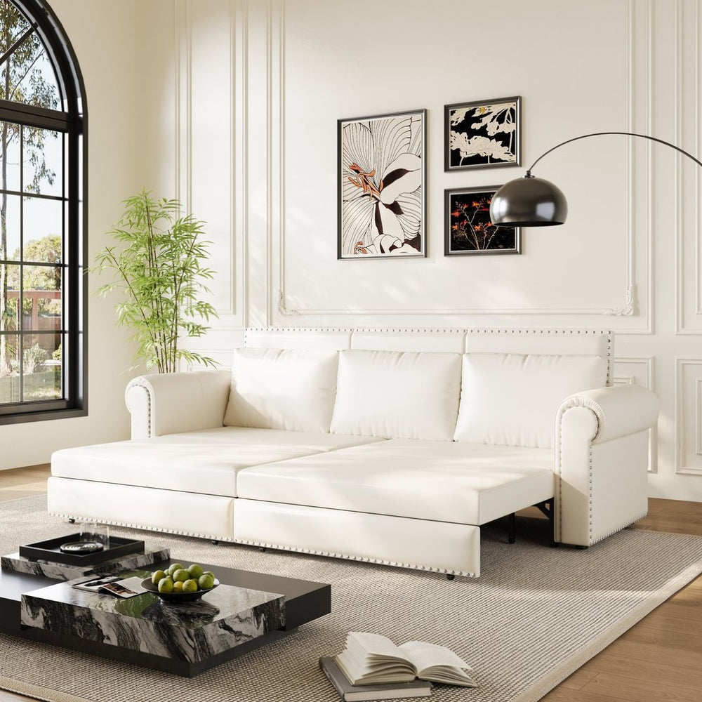 English Elm Chesterfield Velvet King Sleeper Sofa with Nailhead Trim and Rolled Arms for Living Room Beige+White W1885S00362
