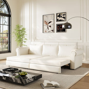 English Elm Chesterfield Velvet King Sleeper Sofa with Nailhead Trim and Rolled Arms for Living Room Beige+White W1885S00362