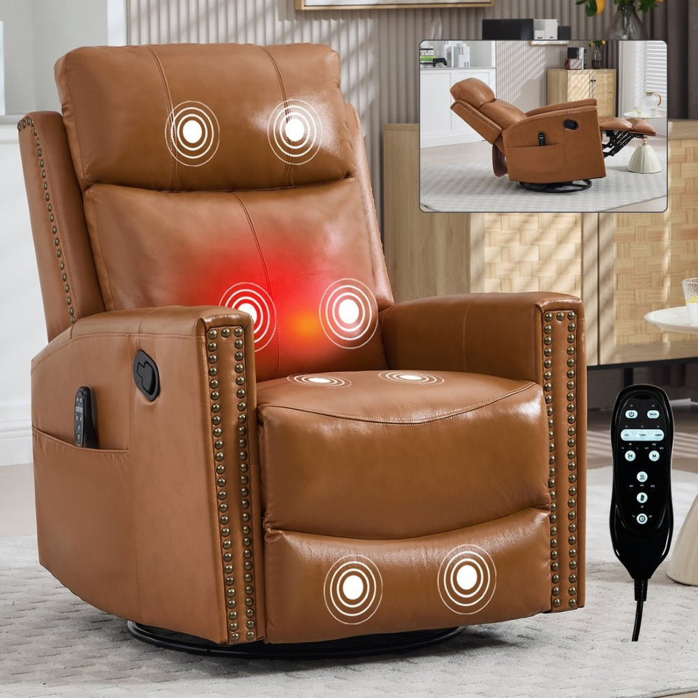 English Elm Orange Genuine Leather Massage Rocking Swivel Recliner with Lumbar Heat for Living Room W1803P323715