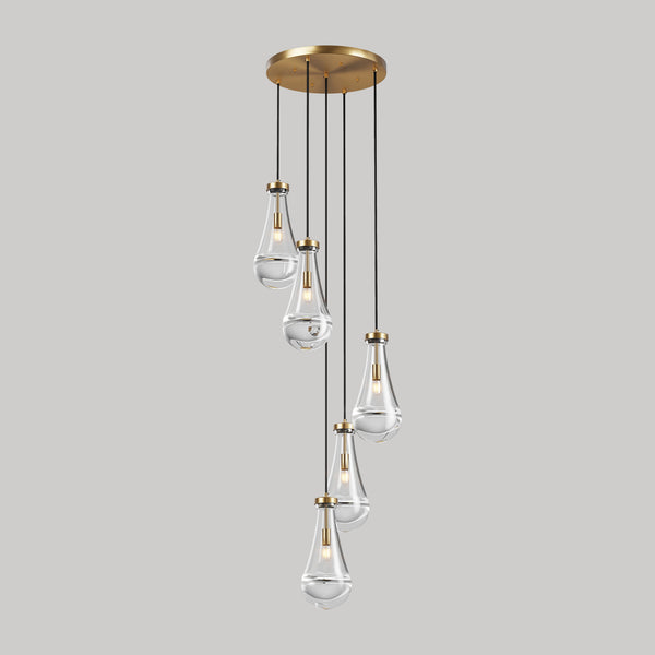 English Elm 5 Light Cluster Pendant with Raindrop Glass & Adjustable Copper Rope, Modern High-Ceiling Chandelier for Living Room, Dining, Stairwell — App-Controlled Gold W1340P316385