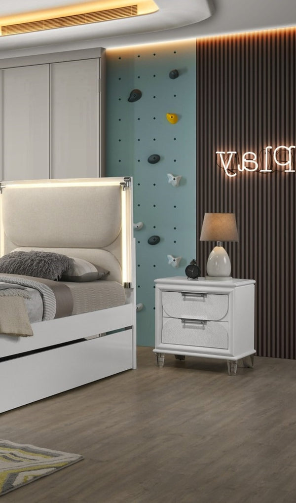 English Elm Contemporary Glam Nightstand with Acrylic Handles and Embossed Panels, Felt-Lined Drawer, Dovetailed Craftsmanship White 26 L x 20 W x 25 H B2741P353118