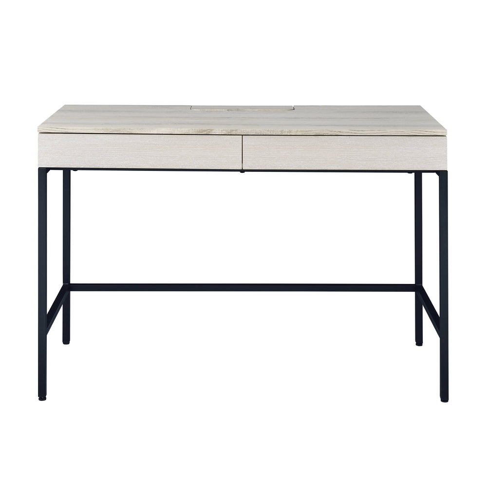 English Elm Wendral Modern Natural & Black Writing Desk with 2 Drawers, USB Power Dock, Metal Legs, 40" Knee Space B2726P366851