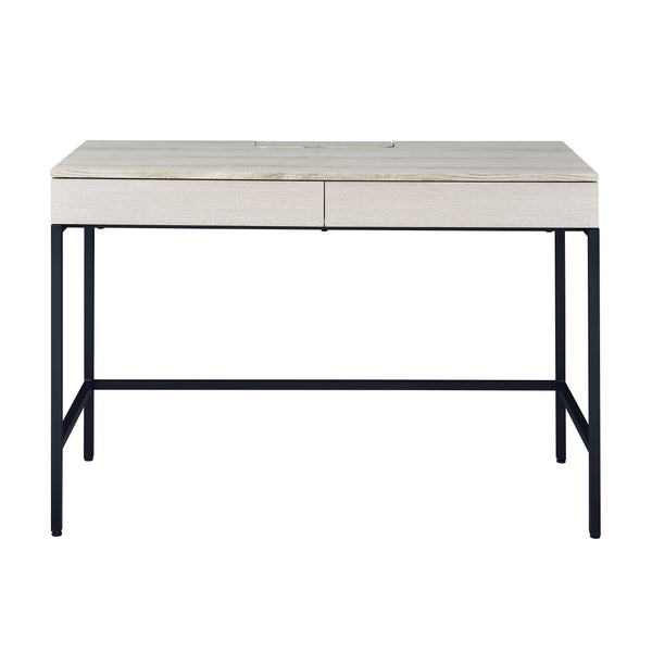 English Elm Wendral Modern Natural & Black Writing Desk with 2 Drawers, USB Power Dock, Metal Legs, 40" Knee Space B2726P366851