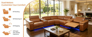 English Elm Power Reclining Sectional with Bluetooth Audio Led Lighting and Wireless Charging Tech Leather Brown W3795S00019