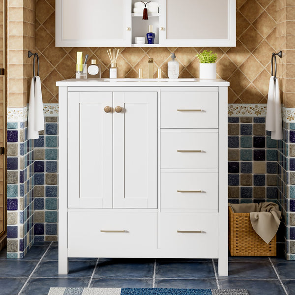 English Elm 30'' Bathroom Vanity With Ceramic Sink Combo - Elegant Freestanding Storage Cabinet & 4 Drawers N710P194420K