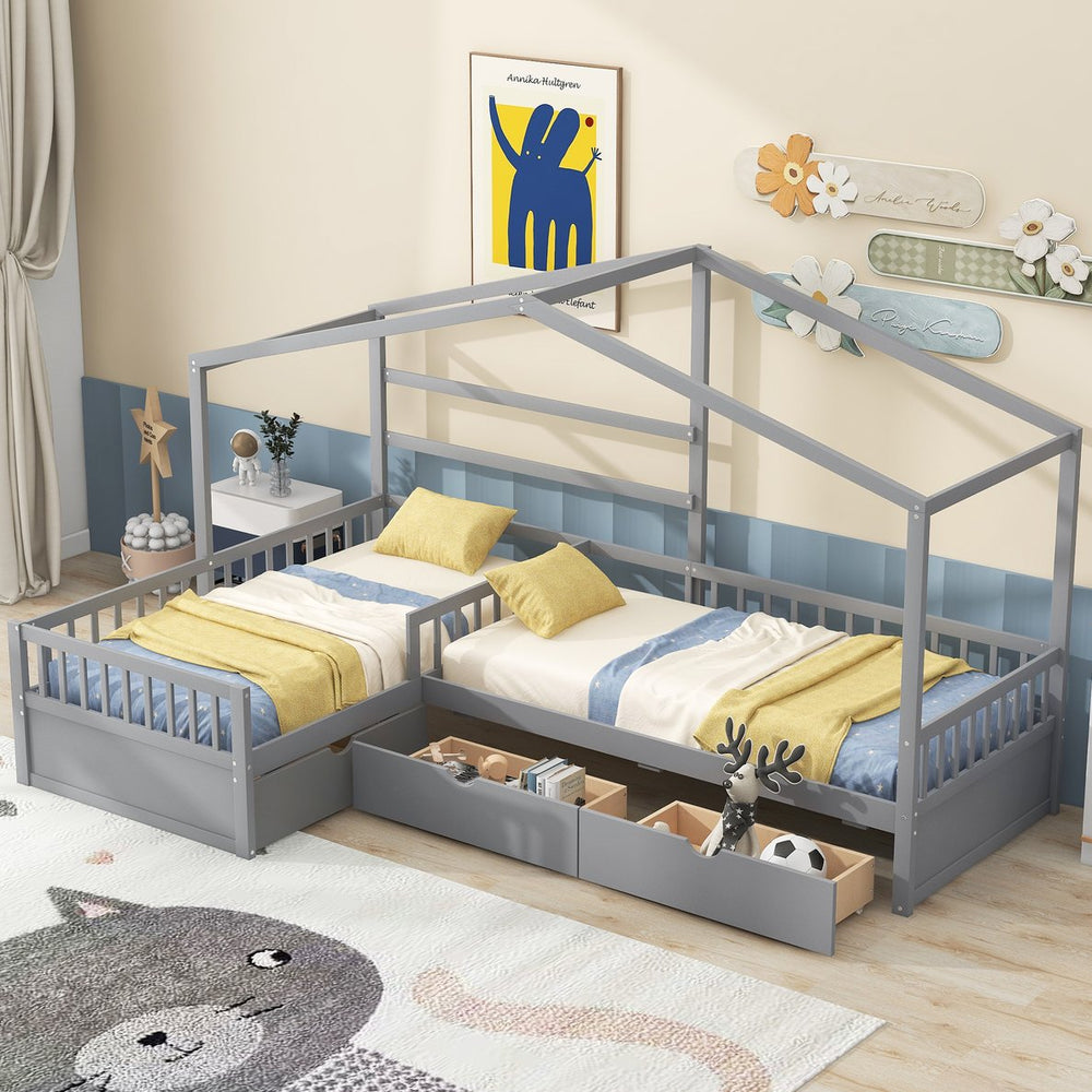 English Elm Twin House Platform Bed with Three Storage Drawers for Kids, Solid Pine & MDF, Sleek Roof Design Gray GX001026AAE