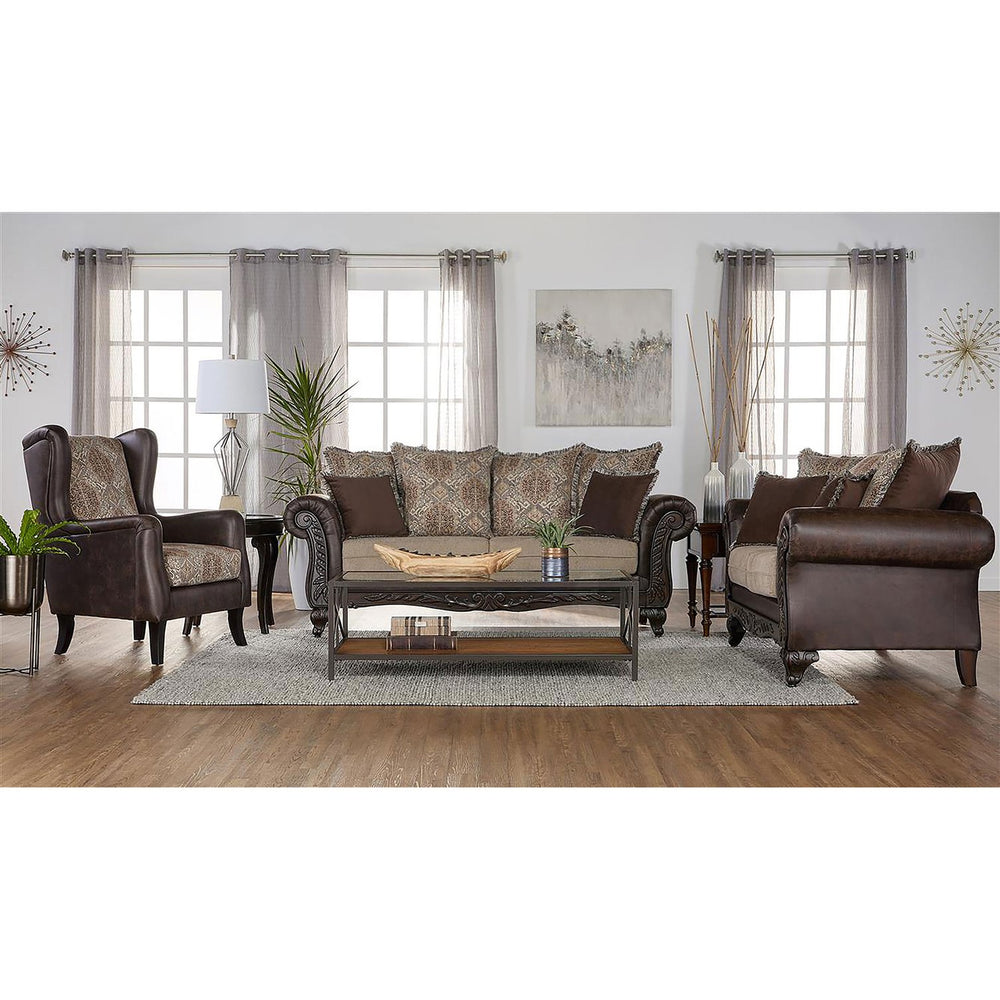 English Elm Brookridge Ornate Brown Wingback Accent Chair with Jacquard Upholstery & Faux Leather Arms for Cozy Elegance B062P354058