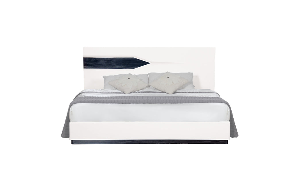 English Elm VIOS ZEBRA WHITE KING BED with Zebrano Accent, Low-Profile Contemporary Solid Wood Frame, Gloss Finish White+Black 68.7 L x 4.92 W x 47.83 H B201S00035