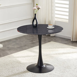 English Elm Round Faux Marble Tulip Pedestal Dining Table Mid Century Modern for Small Bistro Spaces Black+Gery W2920P405346