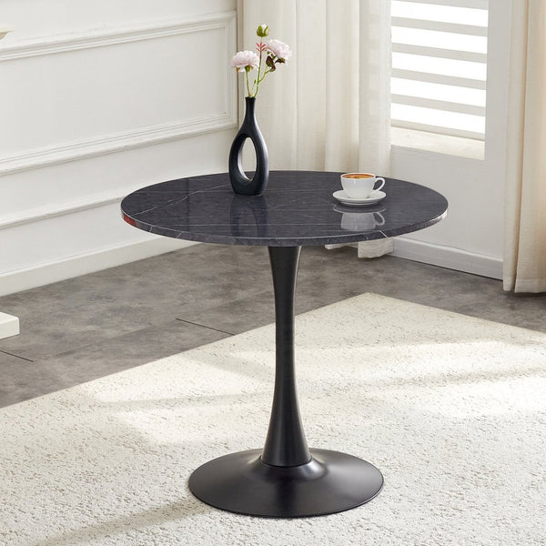 English Elm Round Faux Marble Tulip Pedestal Dining Table Mid Century Modern for Small Bistro Spaces Black+Gery W2920P405346