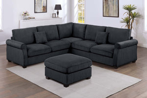 English Elm 4pc Corduroy Sectional Sofa Set with Ottoman Corner Wedge and Low-profile Modern Legs Black B011S02225