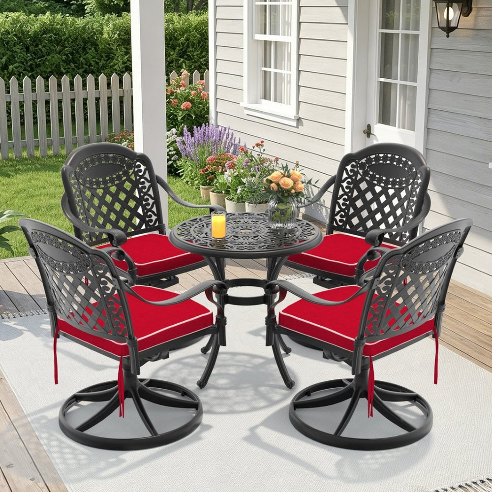 English Elm 5-piece Outdoor Cast Aluminum Bistro Set with Ornate Swivel Chairs and Round Patio Table W1710S00682