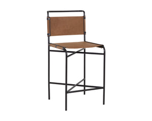 Sunpan Corrigan Mid-Century Modern Barstool in Cognac Leather with Matte Black Steel Base – Unique Design Counter Height