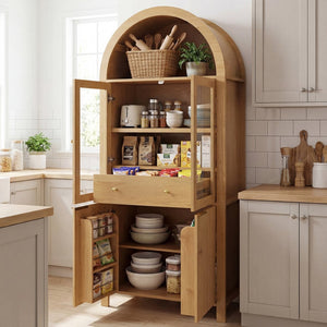 English Elm 71" Arched Glass Barn Door Pantry Cabinet Farmhouse Mdf Storage for Kitchen Dining Oak W2917S00015