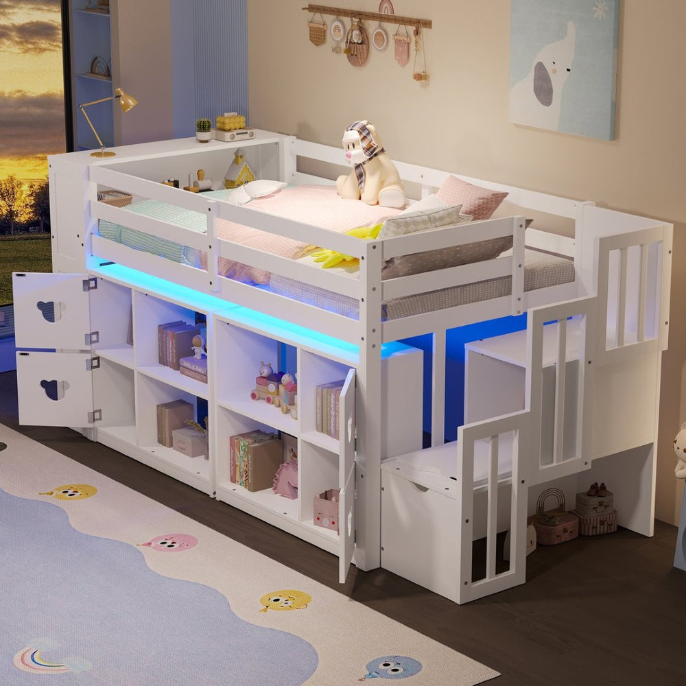 English Elm Twin Kids Low Loft Bed with Stair Drawers Built-in Led Shelving and Bear Handles W697S00039